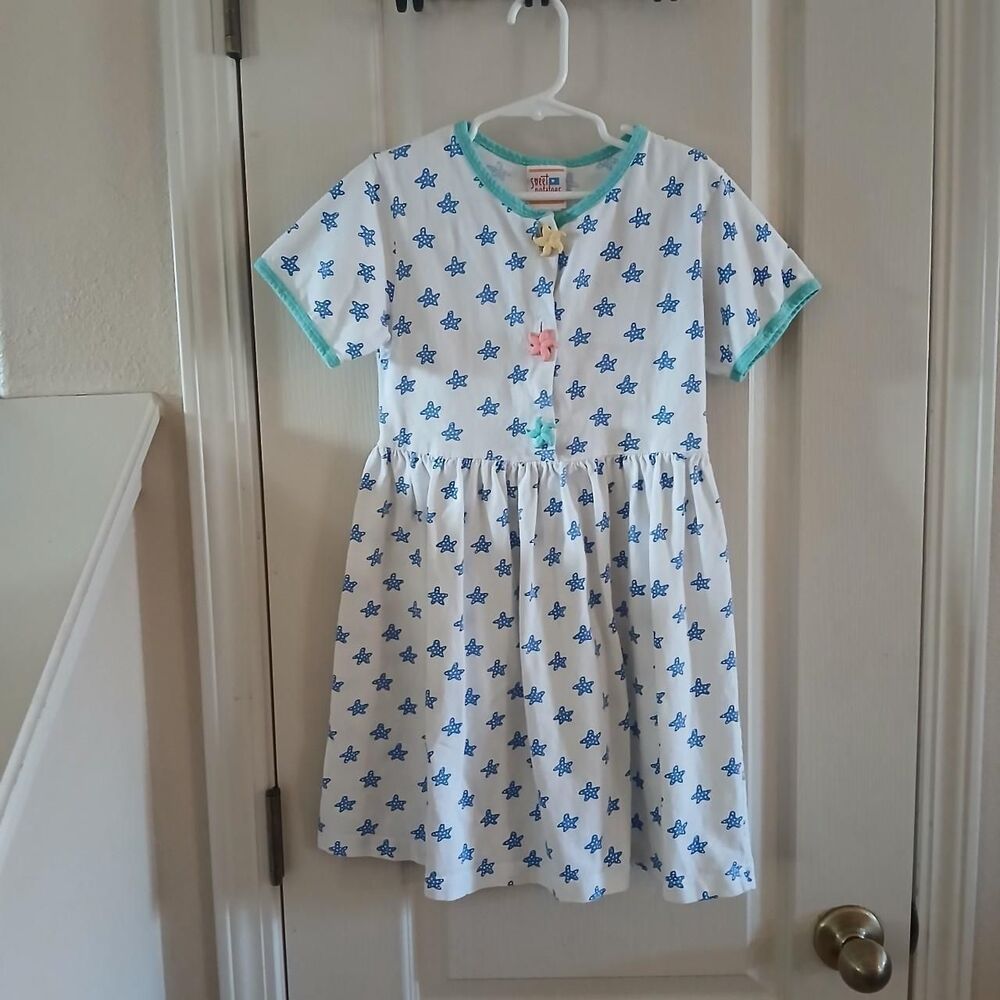 Vintage Y2K 90s Coastal Starfish 100% Cotton Dress 6x USA Made Beachy Mermaid